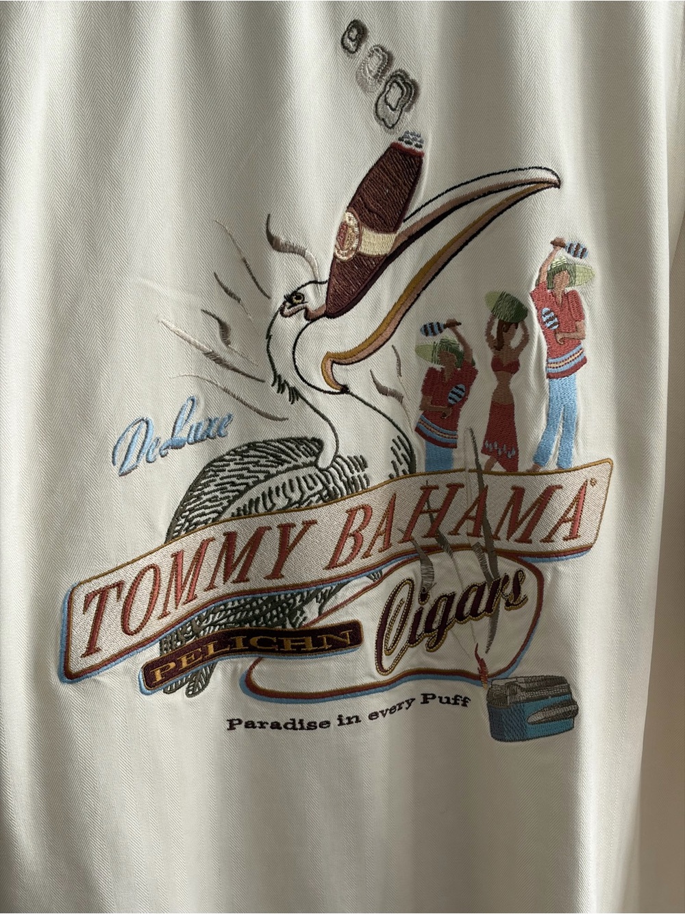Tommy Bahama 100% Silk Pelican Cigar Ivory Embroidered  Hawaiian Shirt Size  L